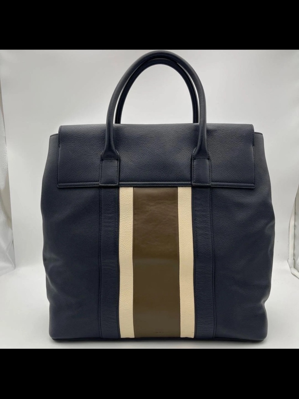 Mulberry Navy Leather Tote with Cream and Olive Center Stripe - Picture 4 of 16